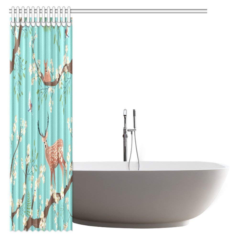 Traditional Asian Retro Nature Sakura Blossom Decor Shower Curtain, Flying Birds and Sika Deer on Tree Brunch Bathroom Decor Shower Curtain Set with Hooks