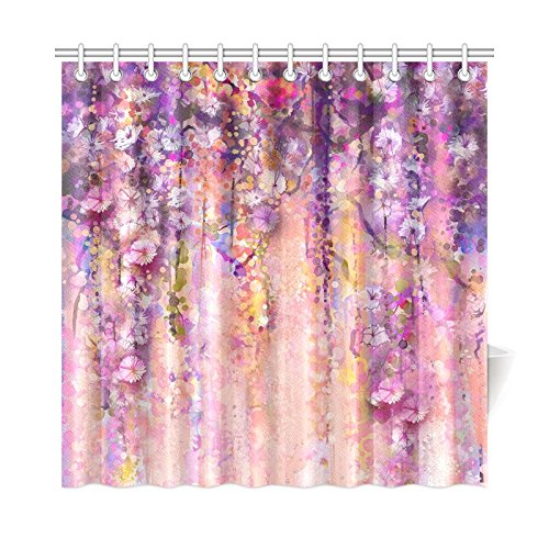 Abstract Spring Flowers Watercolor Wisteria Blossoms Painting Decorative Bathroom Shower Curtain Set with Rings