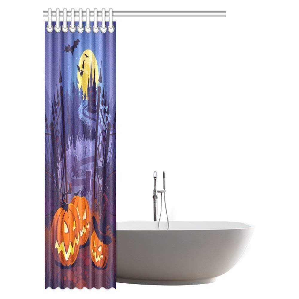 Halloween Pumpkins and Dark Castle on Blue Moon Background Bathroom Shower Curtain with Hooks