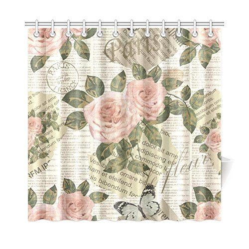 Antique Floral Rose Flowers in Vintage Newspaper Pattern House Decor Shower Curtain for Bathroom, Decorative Fabric Bath Curtain Set with Rings