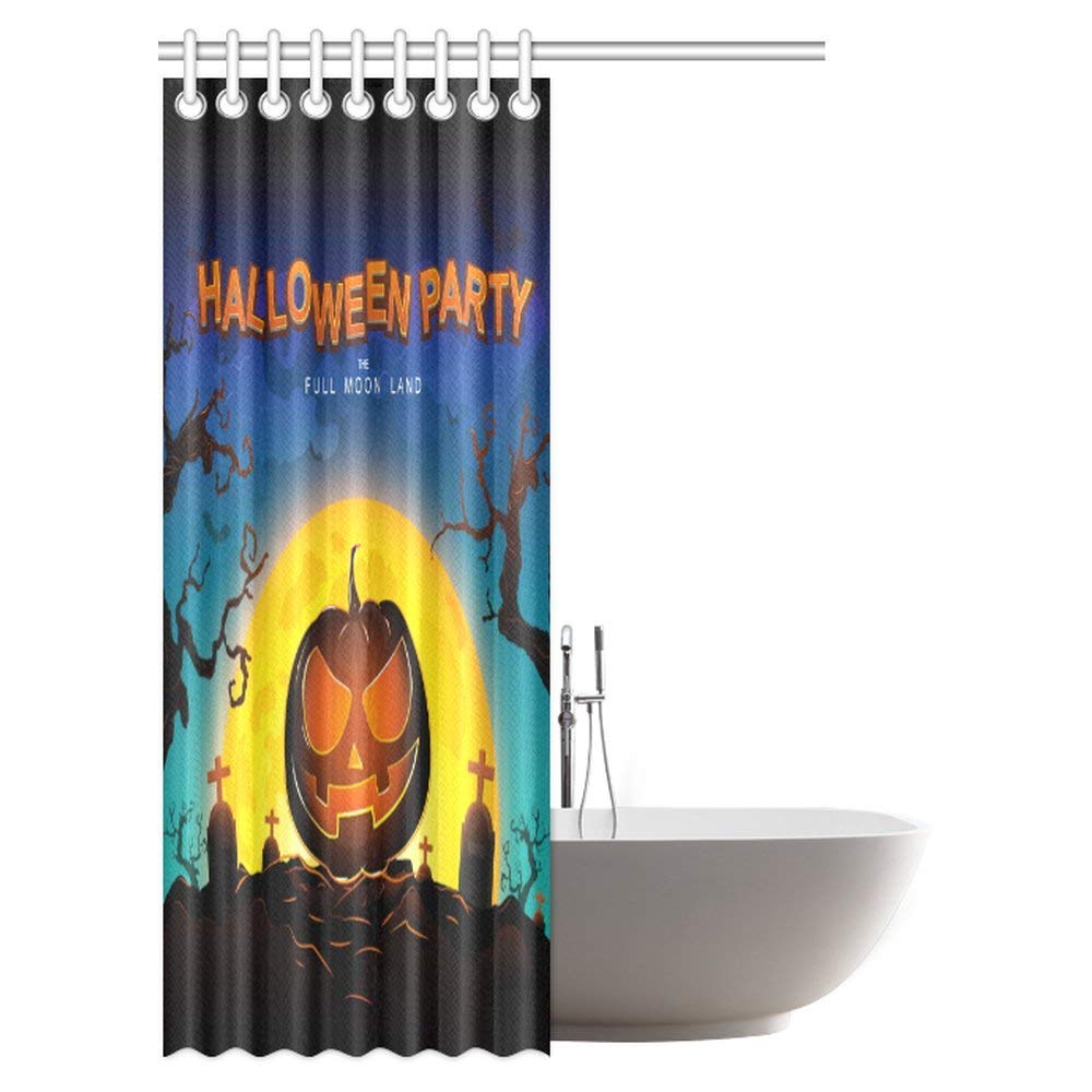 Gothic Decor Shower Curtain, Ghostly Graveyard Illustration Horror Halloween Dead Danger Theme Full Moon Mystery Art Bathroom Set with Hooks