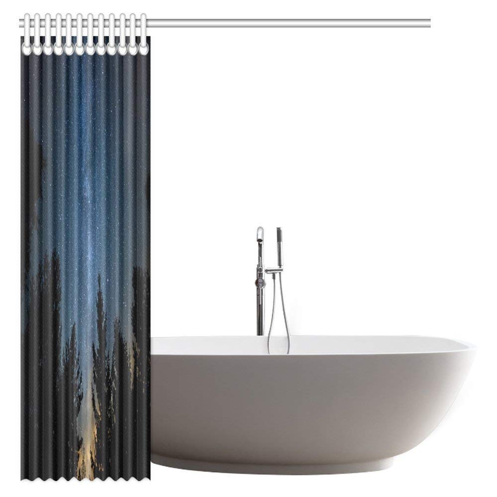 Night Sky Decor Shower Curtain, Milky Way Over the Forest and Trees Bathroom Shower Curtain Set with Hooks