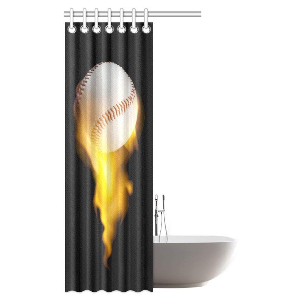 Sports Decor Collection, Baseball Ball On Fire Creative Art Bathroom Shower Curtain Set with Hooks