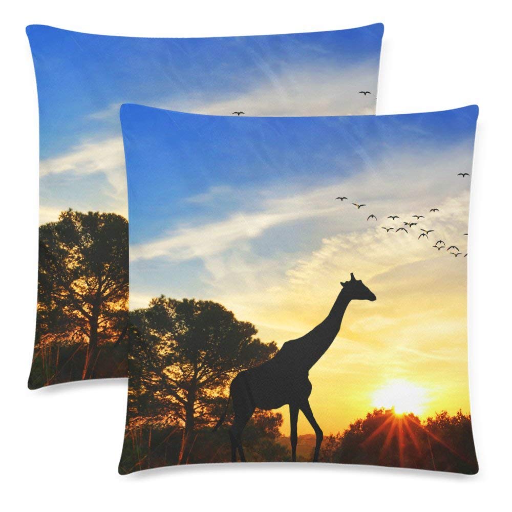 African Animal Pillowcase Protector 18x18 Twin Sides, Giraffe in the Field at Sunset Zippered Pillow Case Covers Decorative, Set of 2