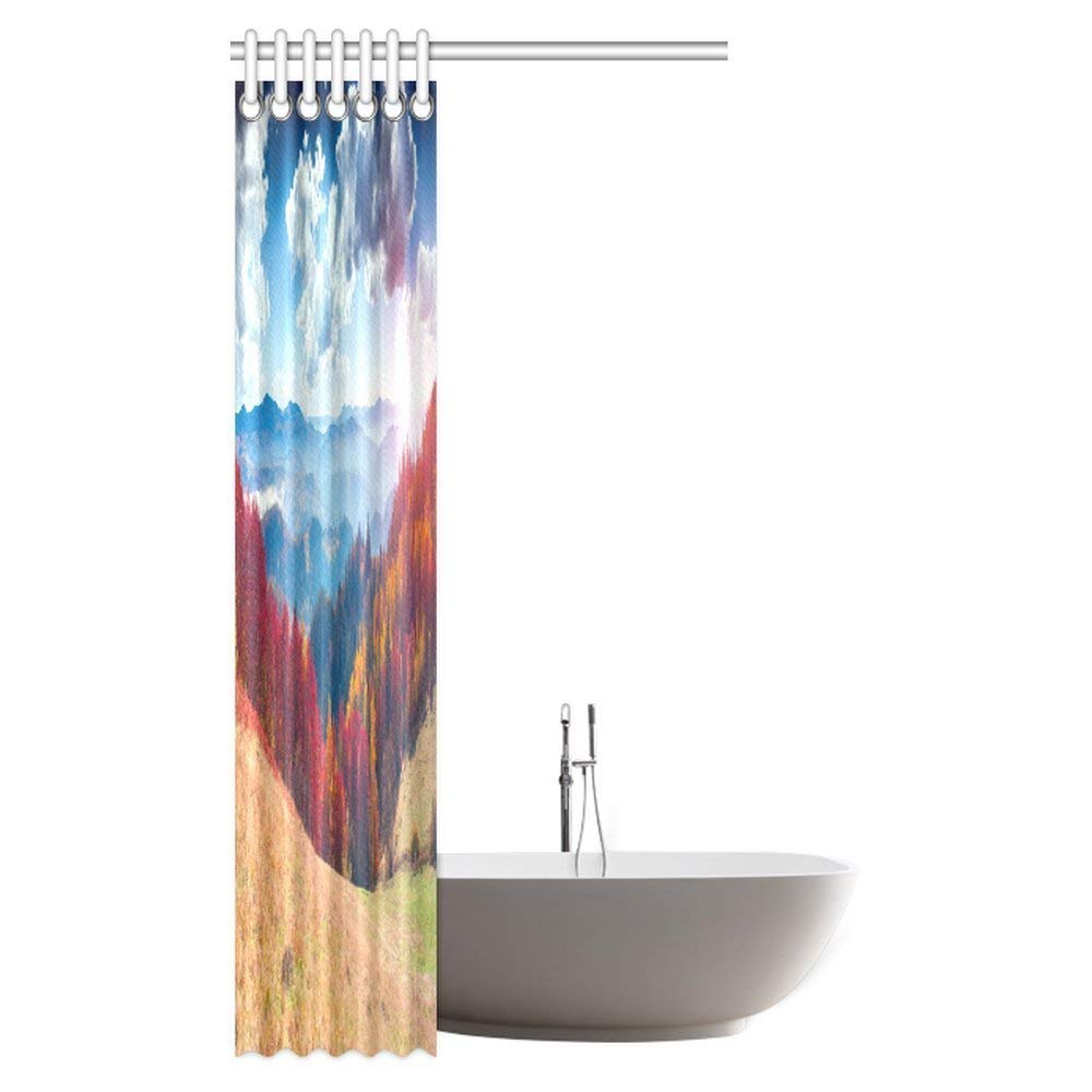 Colorful Autumn Foggy Morning Landscape in Carpathian Mountain Village Bathroom Shower Curtain Set with Hooks