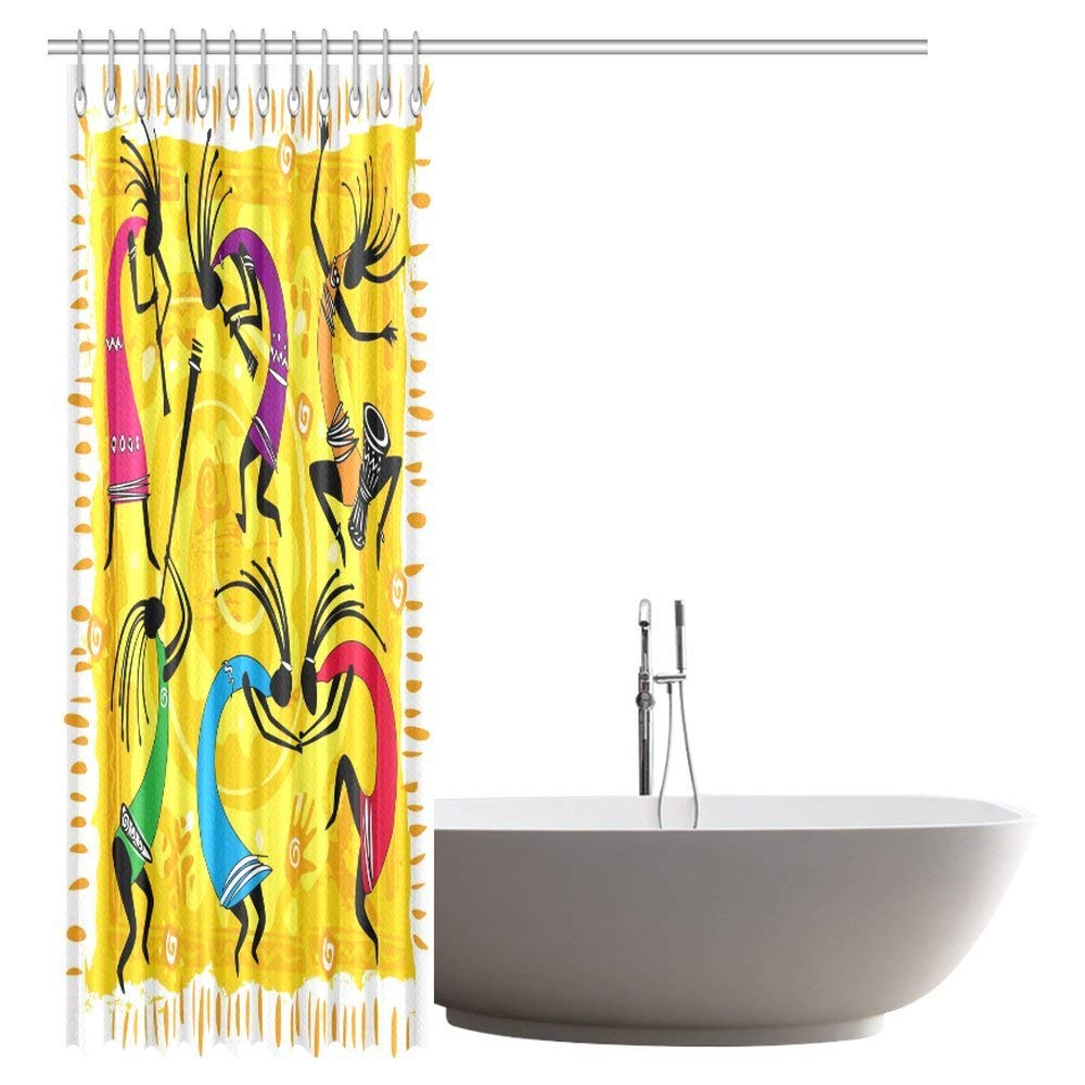 Dancing Playing Musical Instruments Figures on Tribal Style Patterns Artwork Scenic Bathroom Shower Curtain