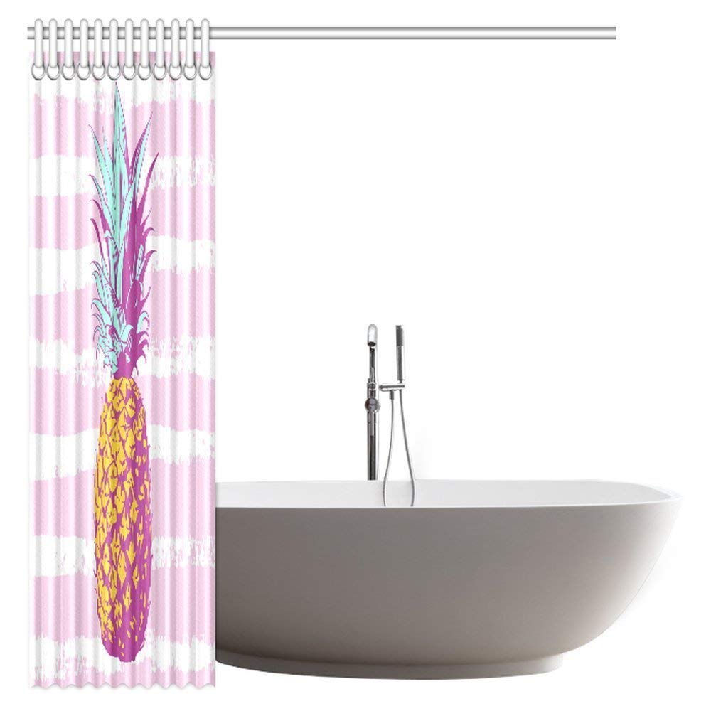 Pineapple with Pink White Striped Shower Curtain, Exotic Tropical Fruit Pineapple Bathroom Decor Shower Curtain Set with Hooks