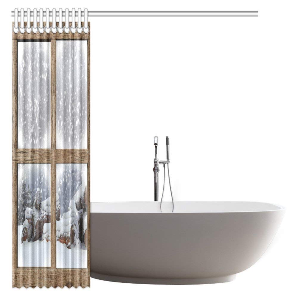 Snowy Winter Day Shower Curtain, View with Firewood Pile From Wooden Window Beauty Fabric Bathroom Shower Curtain with Hooks