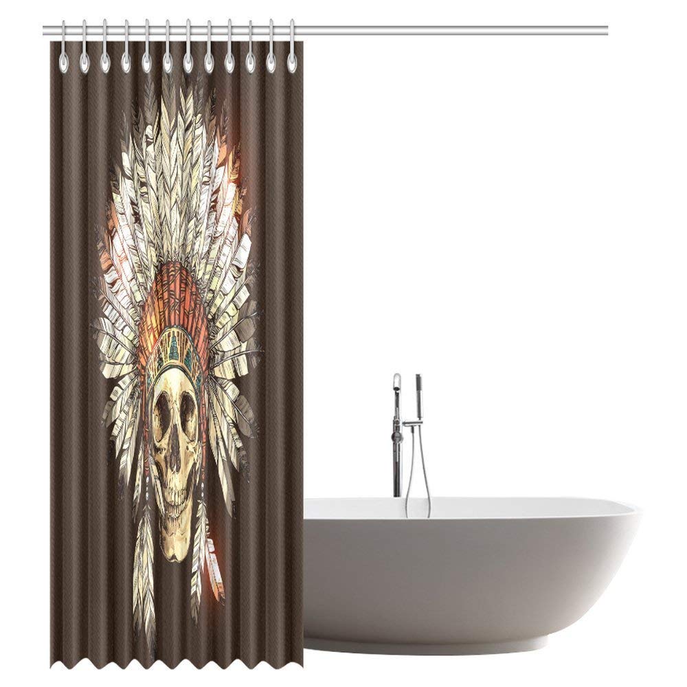 Native American Decor Shower Curtain, Skull with Tribal Indian Chief Feather Native Dead Art Print Bathroom Shower Curtain with Hooks