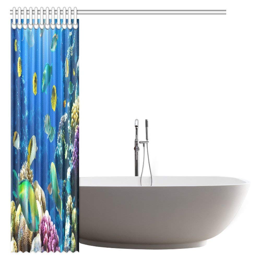 Ocean Shower Curtain Decor Collection, Tropical and Exotic Coral Reefs Fish School Natural Life in a Shallow Underwater Wild Marine Seascape Shower Curtain Set