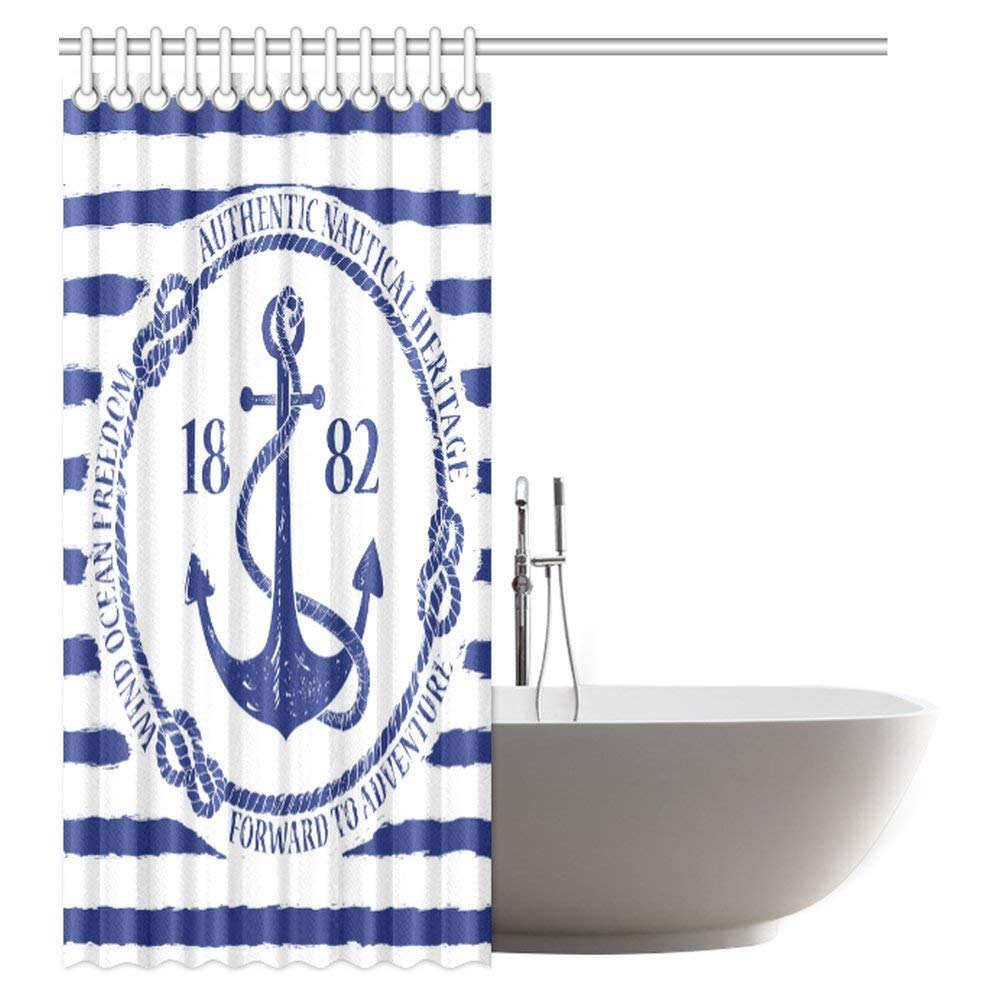 Nautical Theme Decor Shower Curtain, Blue White Nautical Emblem with Anchor Bathroom Shower Curtain Set with Hooks