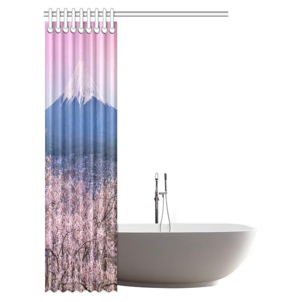 Mountain View Oriental Art Cherry Tree Snow Fuji Nature Fabric Bathroom Shower Curtain Set with Hooks