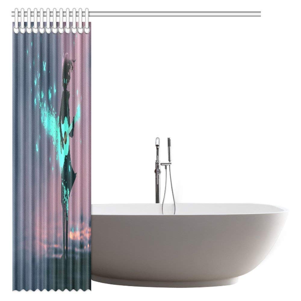 Music Shower Curtain, Girl Playing Guitar with a Blue Light and Glowing Butterflies Print Fabric Bathroom Shower Curtain