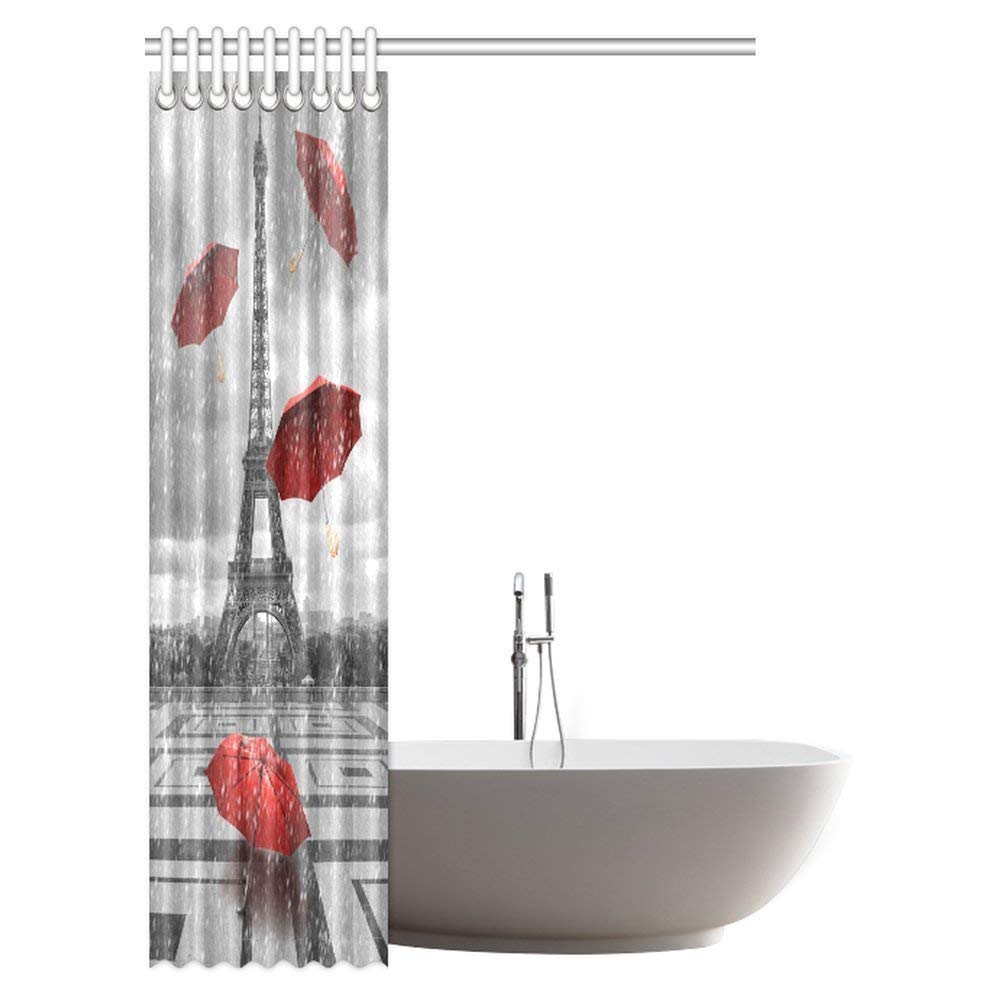 Eiffel Tower Shower Curtain Bathroom Decor, Paris City Eiffel Tower With Flying Red Umbrellas Shower Curtain Bathroom Decor With Hooks