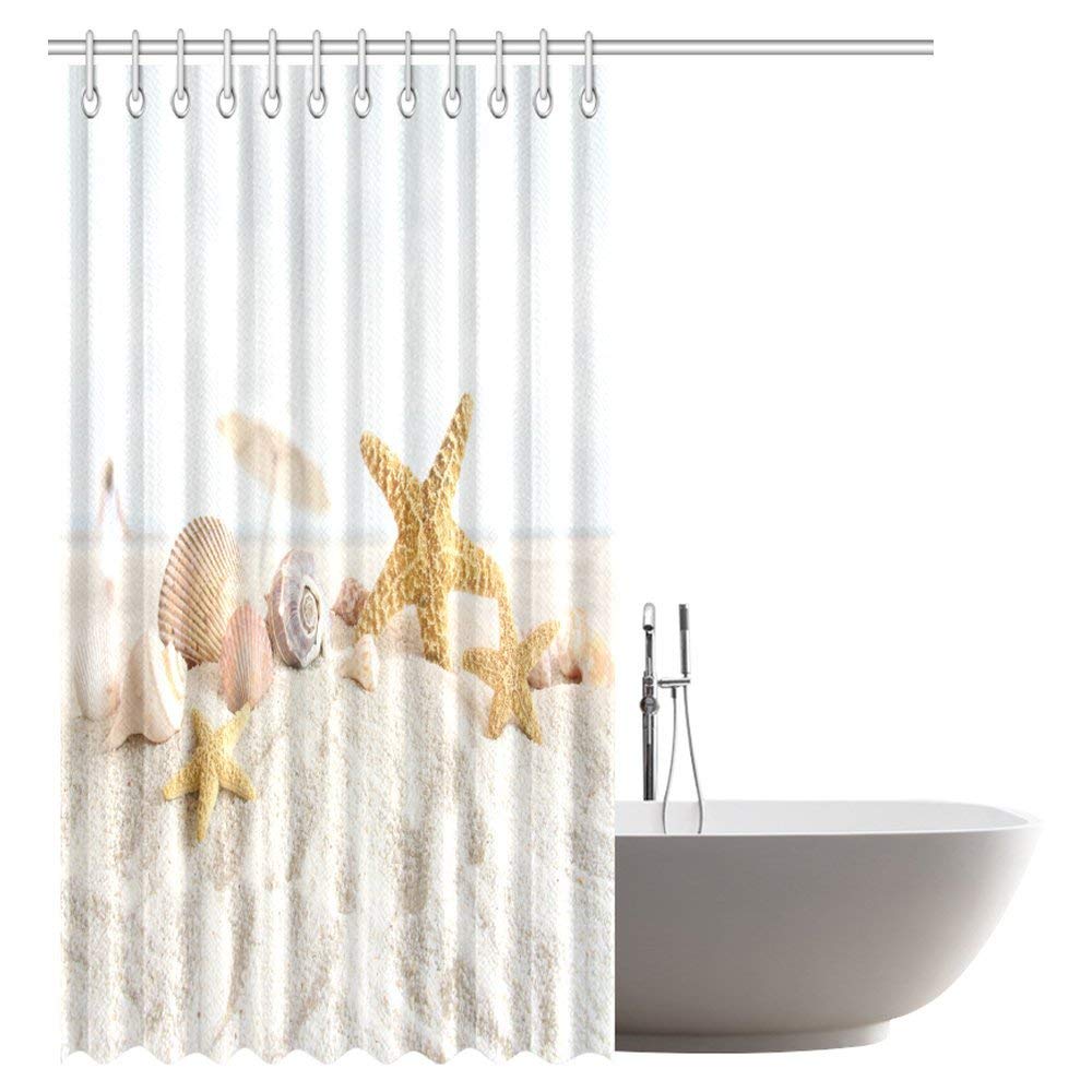 Sea Shells and Starfish Decor Shower Curtain, Beach Seashells Nautical Ocean Seaside Seascape Coastal Art Print Polyester Fabric Shower Curtain 72 X 84 Inches