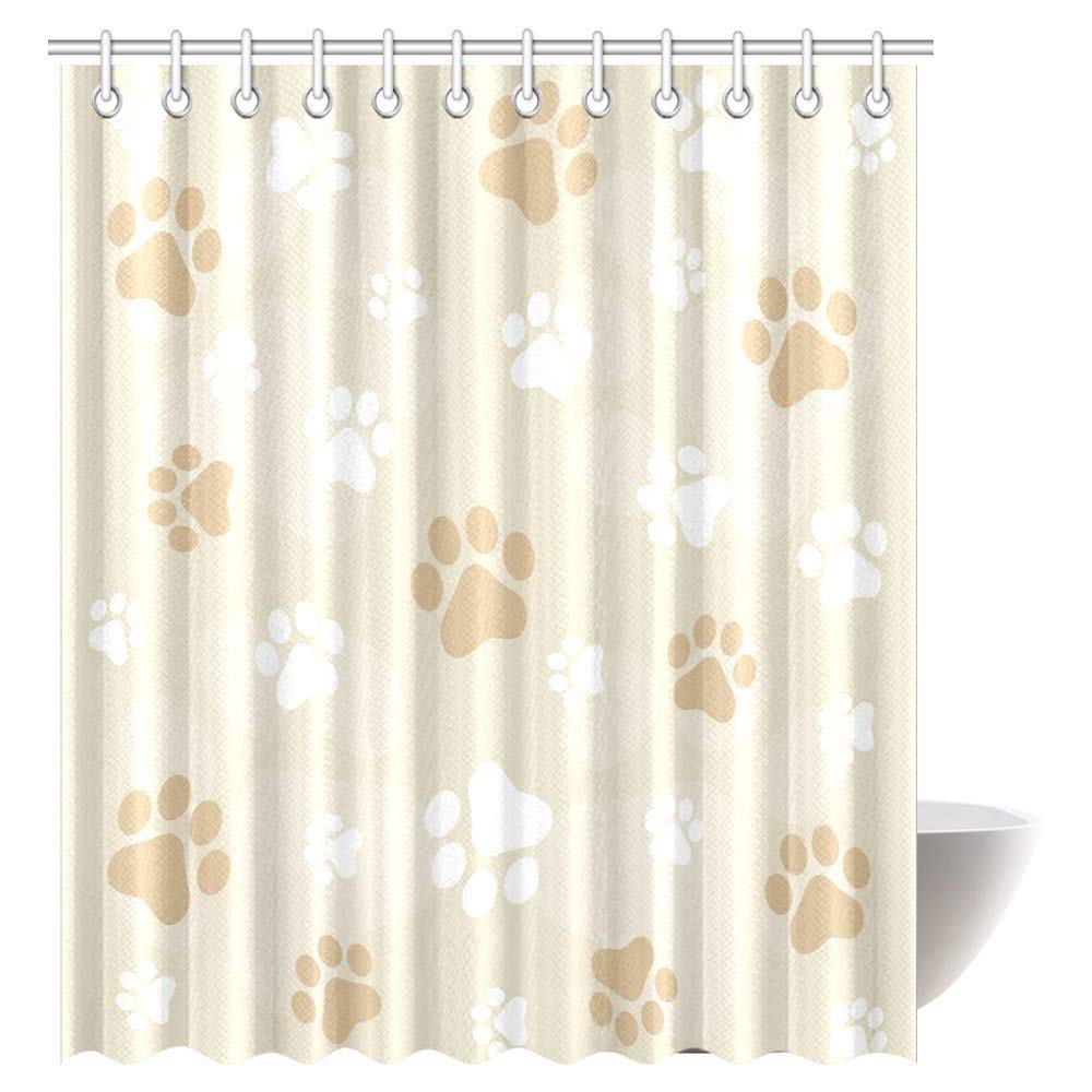 Dog Lover Decor Shower Curtain, Brown Little Paws Cute Steps Childish Artwork Cartoon Unusual Traces Design Bathroom Decor Set with Hooks