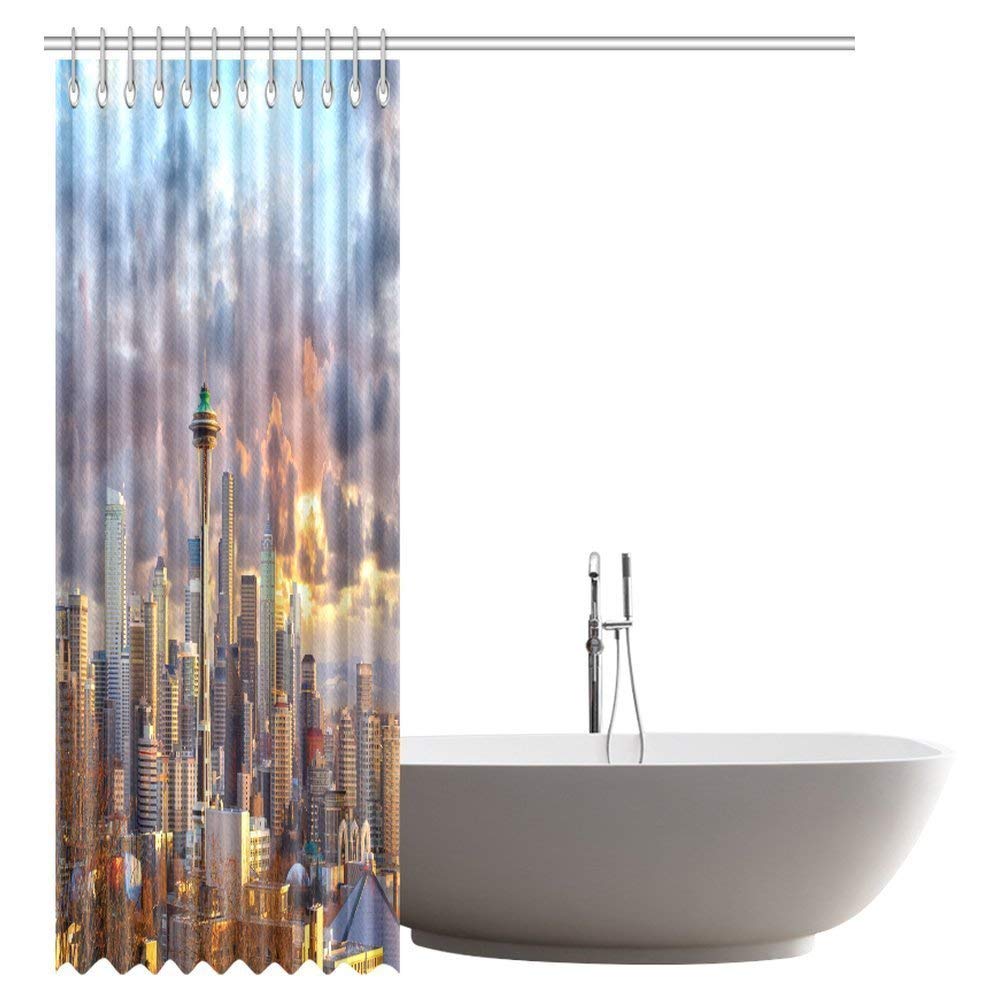 Wanderlust Decor Shower Curtain, Seattle Skyline at Sunset WA USA Sun Lights Through Dramatic Clouds Scene Fabric Bathroom Shower Curtain with Hooks