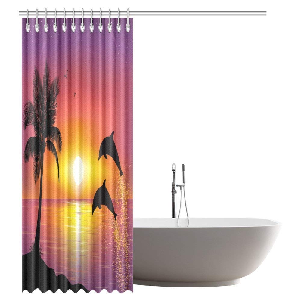 Whale Decor Shower Curtain, Two Dolphin in the Ocean at Sunset and Palm Tree Leaves Romantic Waterscape Shower Curtain Set with Hooks