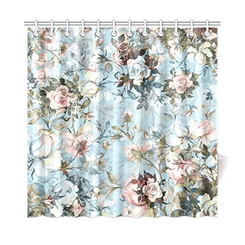 Antique Flowers Beautiful Vintage Floral Waterproof Shower Curtain Decor, Fabric Bathroom Set with Hooks