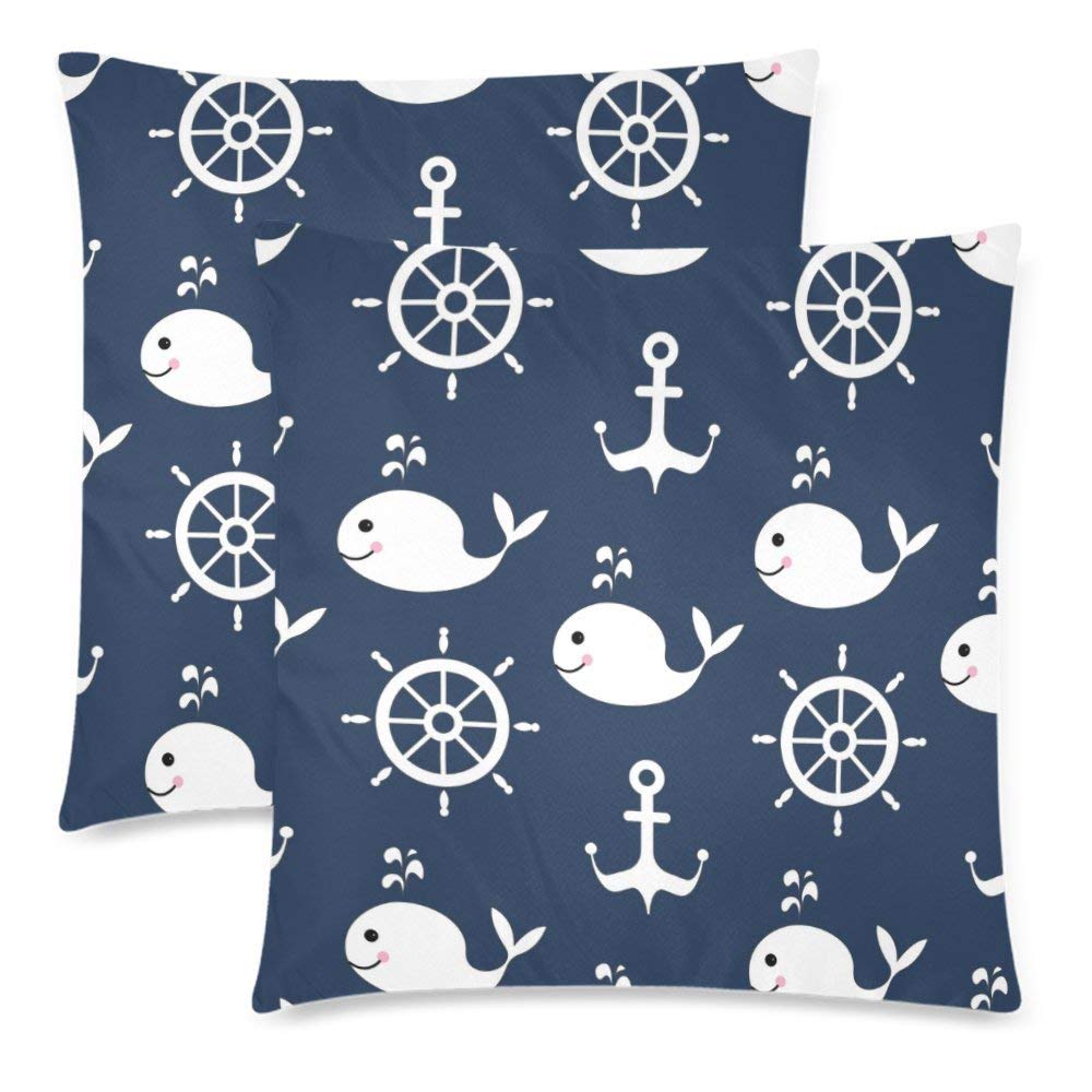 Custom 2 Pack Nautical Pattern with Whale Anchor Throw Pillowcase 18x18 Twin Sides, Maritime Deep Blue Cotton Zippered Cushion Pillow Case Covers Set Decorative