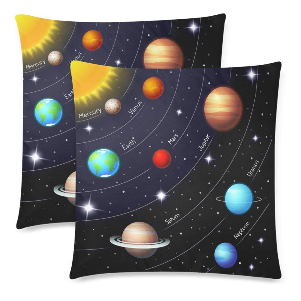 Custom 2 Pack Twinkling Night Sky with Stars and Solar System Throw Pillowcase 18x18 Twin Sides, Orbits of the Sun Earth Mars Cotton Zippered Cushion Pillow Case Covers Set Decorative