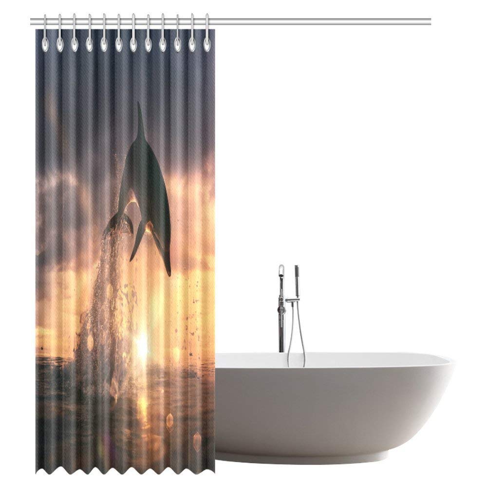 Marine Nautical Animals Fish Shower Curtain, Beautiful Sunset Time at the Sea and Playful Dolphin Leaping Water with Splashes Bathroom Set with Hooks