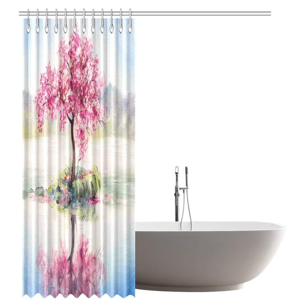 Tree Pink Floral Decor Shower Curtain, Blooming Japanese Cherry Sakura on the Lake Soft Romantic Almond Tree Bathroom Decor Set with Hooks