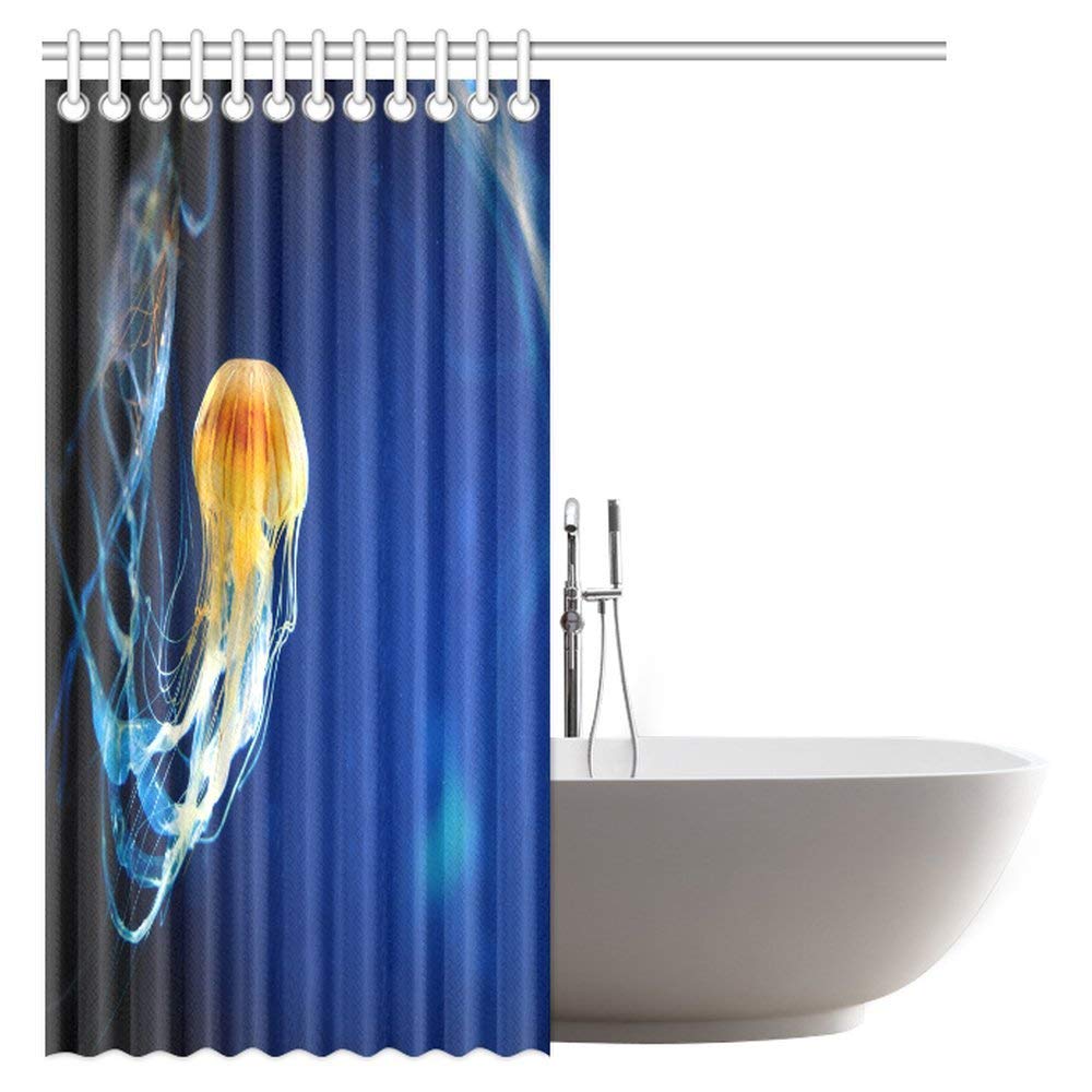 Orange jellyfish Pacific Sea Nettle on Deep Blue Fabric Bathroom Shower Curtain Set with Hooks