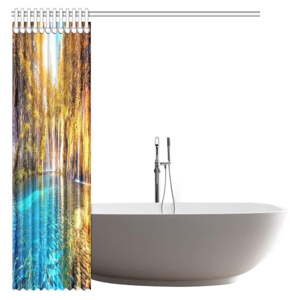 Lake House Decor Collection, Sunset Over Calm River Grass Willow Trees Grass Reflection Light Clouds Design Bathroom Shower Curtain Set with Hooks