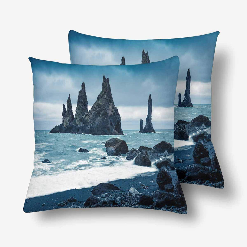 Dramatic Seascape Ocean Dark Summer Morning South Iceland Pillowcase Throw Pillow Covers 18x18 Set of 2, Pillow Sham Cases Protector for Home Couch Sofa Bedding Decorative