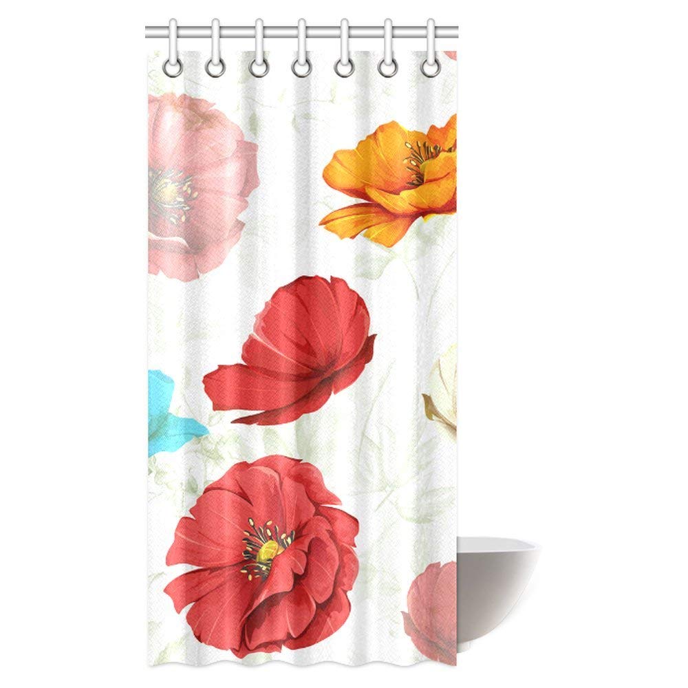 Floral Shower Curtain, Different Colored Poppy Flowers Spring Floral Seasonal Romantic Artistic Theme Fabric Bathroom Shower Curtain