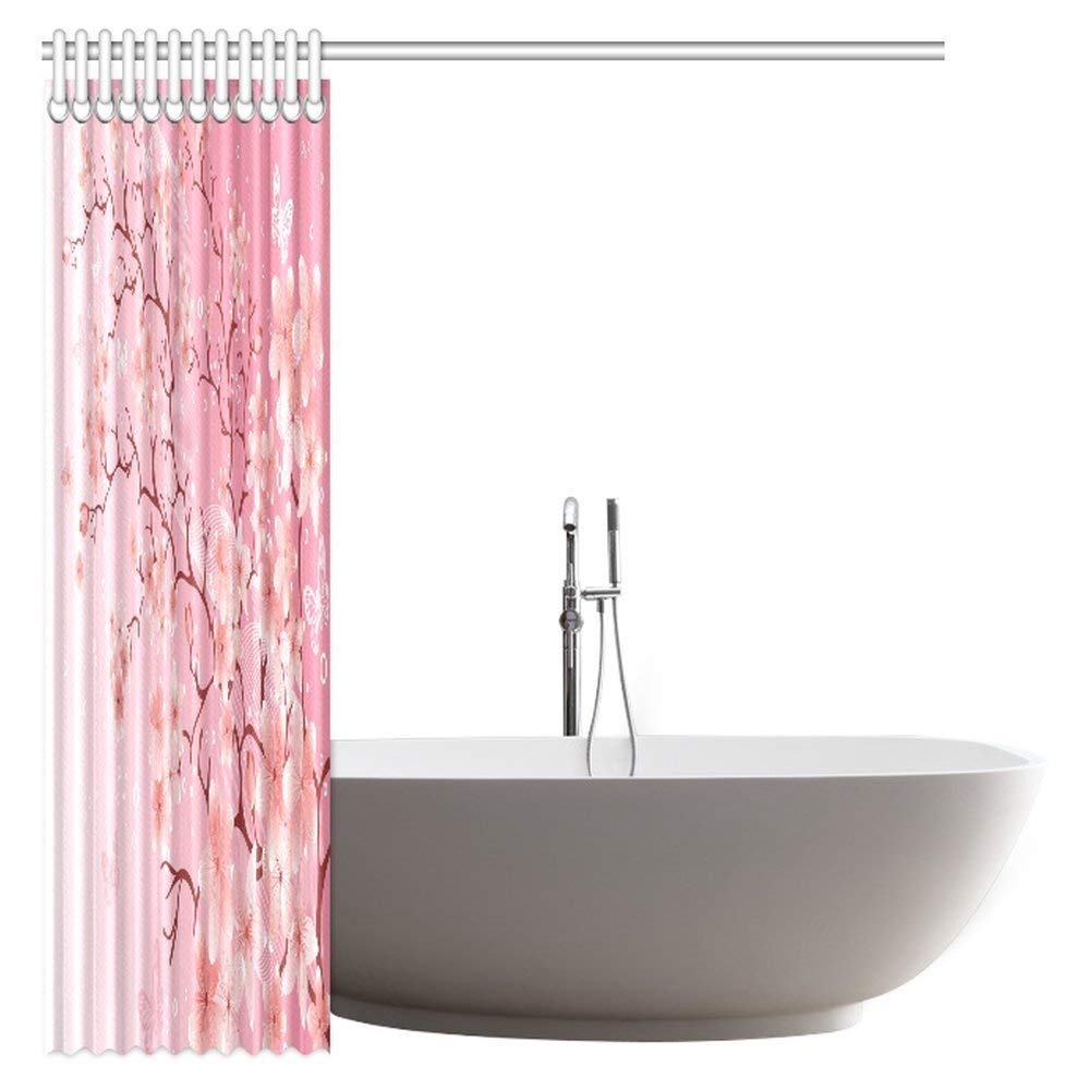 House Decor Shower Curtain, Cherry Blossom Springtime Sakura Japanese Pink Floral Flower Bathroom Shower Curtain Set with Hooks