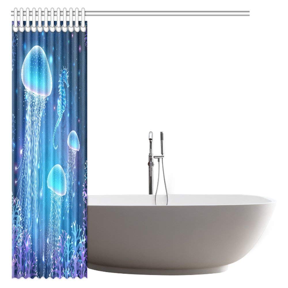 Nautical Decor Shower Curtain, Magic Glowing Jellyfish Ocean Underwater Life Fabric Bathroom Decor Shower Curtain Set with Hooks