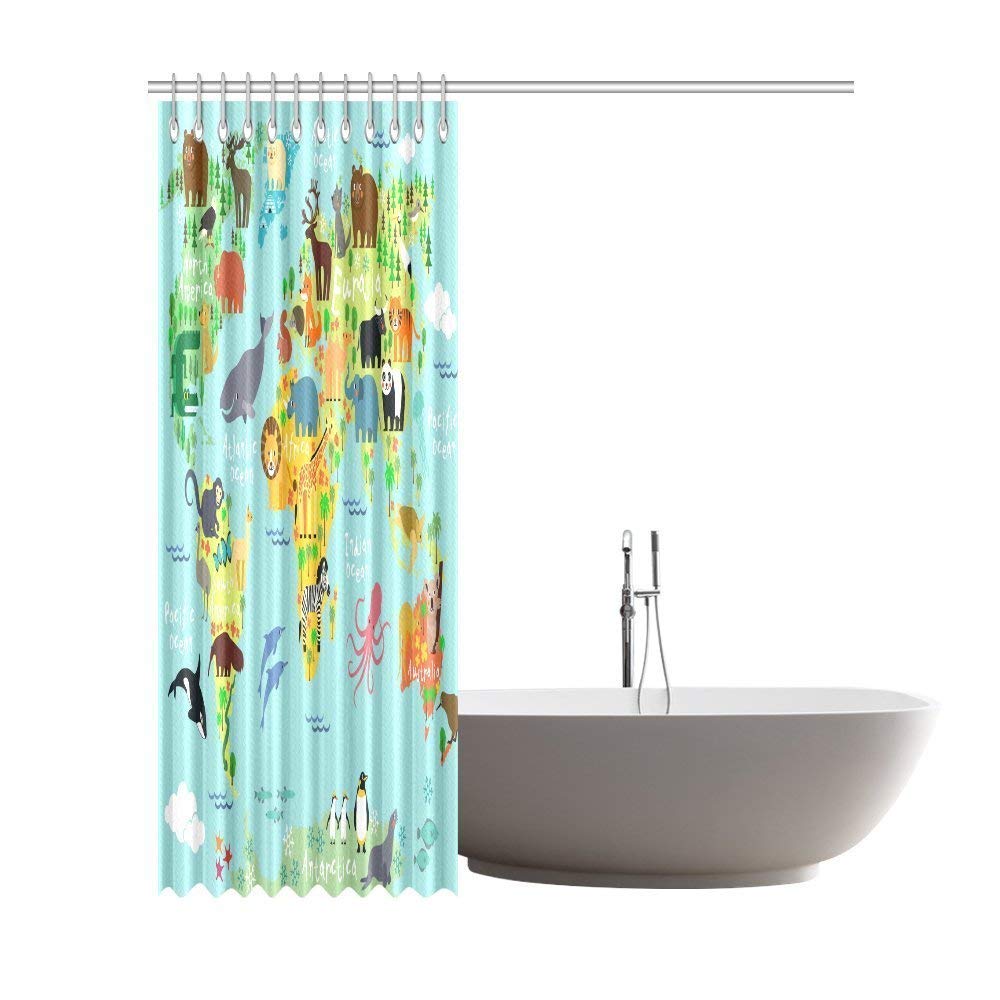 Children Kids Shower Curtain Decor, Animal Map of the World for Children and Kids Cartoon Ocean Mountains Forests Fabric Bathroom Set with Hooks,  Green Yellow Blue