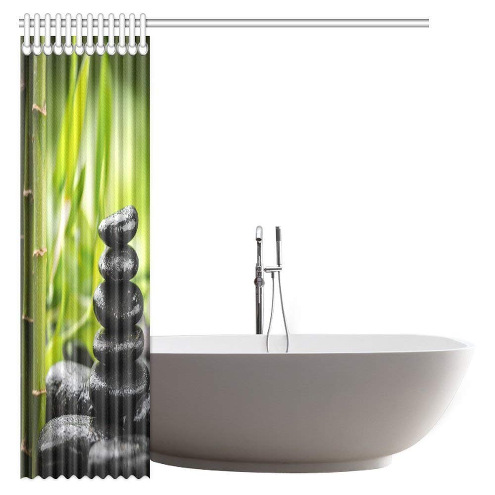 Bamboos Spa Decor Shower Curtain, Japanese Therapy and Relaxation Stones Design Fabric Bathroom Shower Curtain with Hooks