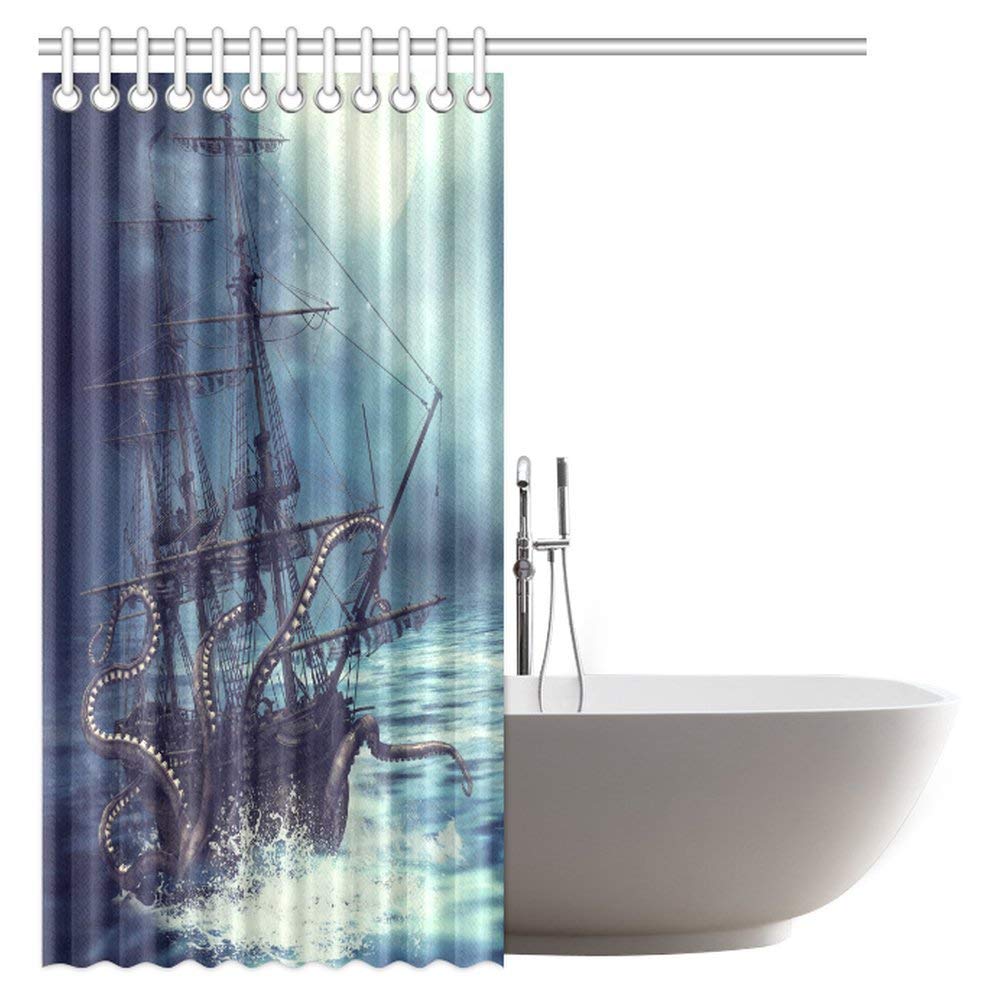 Pirate Ship Octopus Tentacles Home Textile Bathroom Decoration Luxurious Cozy Lovely Decor Pleasing Design Effect Fabric Purple Shower Curtain 72 X 72 Inches with Hooks