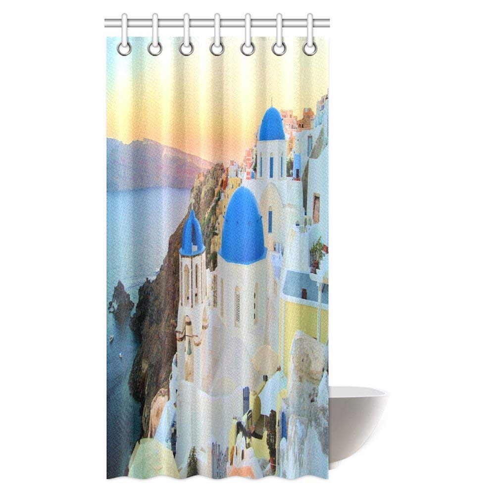 Sunset House Decor Shower Curtain, View Of Classical Church With Blue Domes, Oia, Santorini, Greece Shower Curtain Set