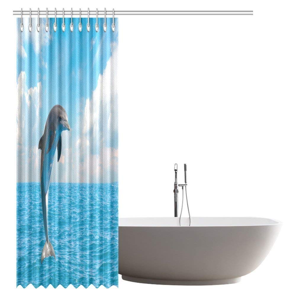 Jumping Dolphin Shower Curtain, Beautiful Seascape with Deep Ocean Waters and Cloudscape Fabric Shower Curtain Set with Hooks