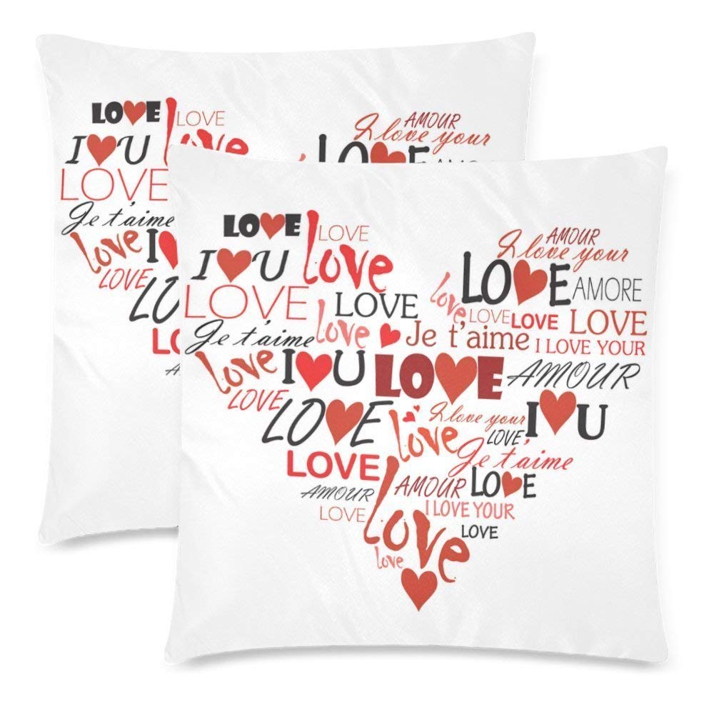 Custom Romantic Love You Heart Pillow Cover 18x18 Cushion Case, Valentine's Gift Cotton Zippered Throw Pillowcase Protector Decorative, Set of 2