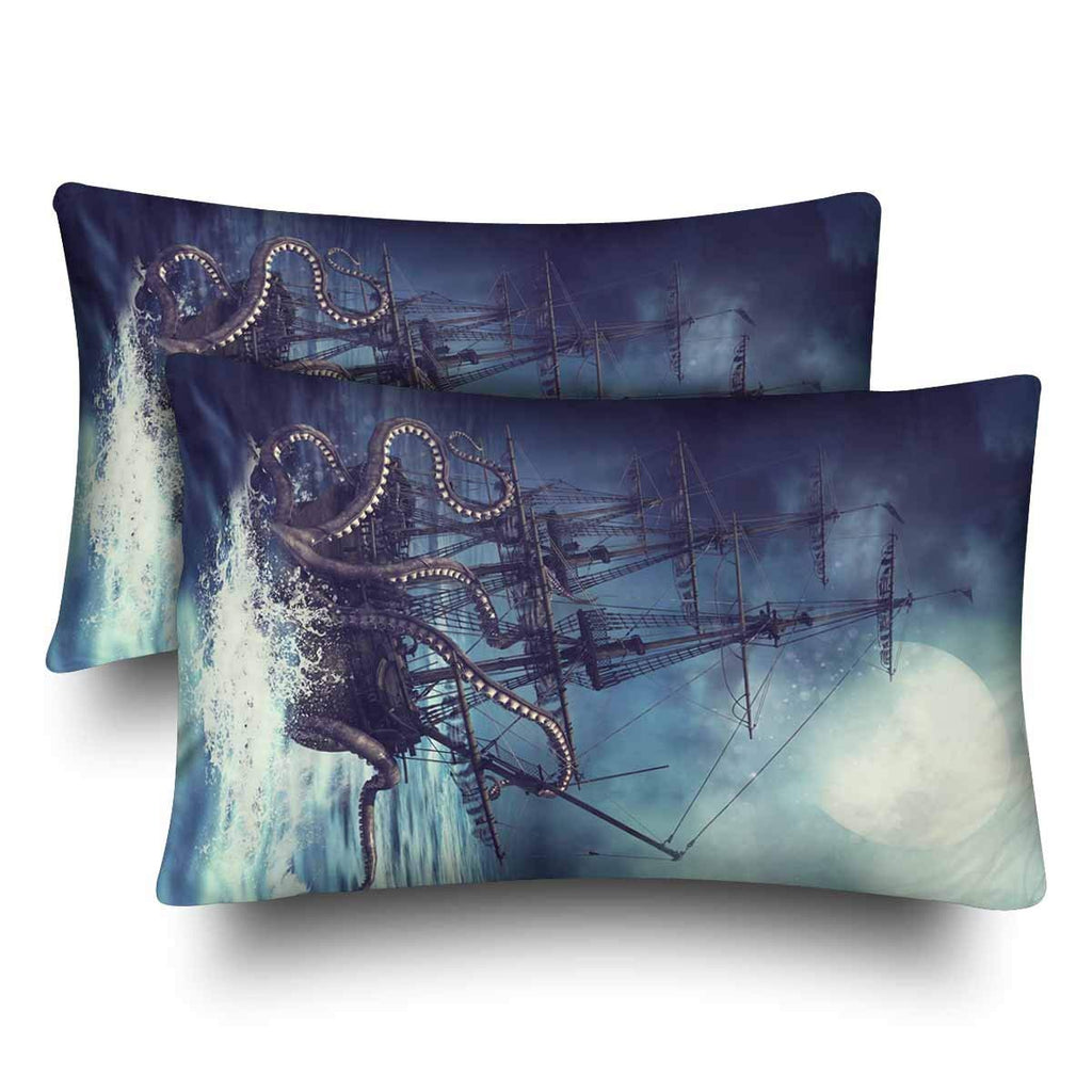 Octopus Kraken Sail Pirate Ship Boat Ocean Sea Waves Pillow Cases Pillowcase Standard Size 20x30 Set of 2