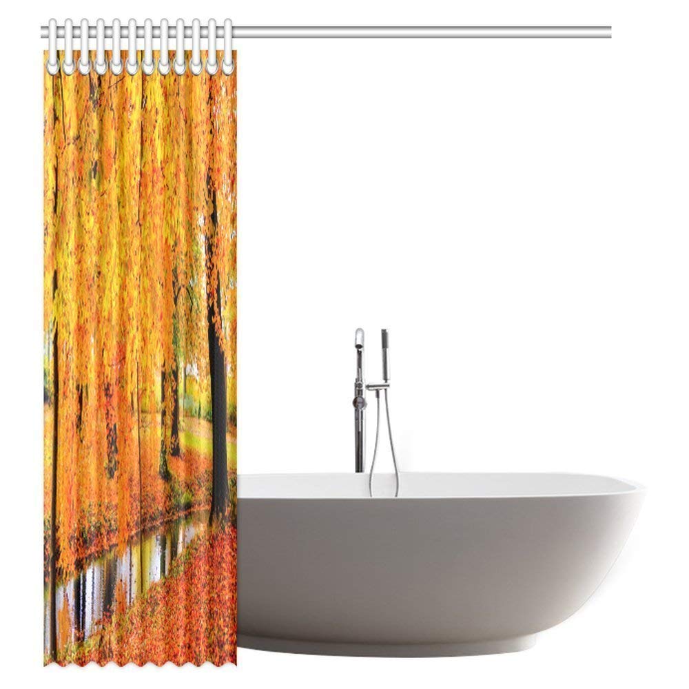 Autumn Fall Forest Shower Curtain Decor, Autumn Fall Forest Scenery with Golden Leafs Trees Woods Art Bathroom Set with Hooks