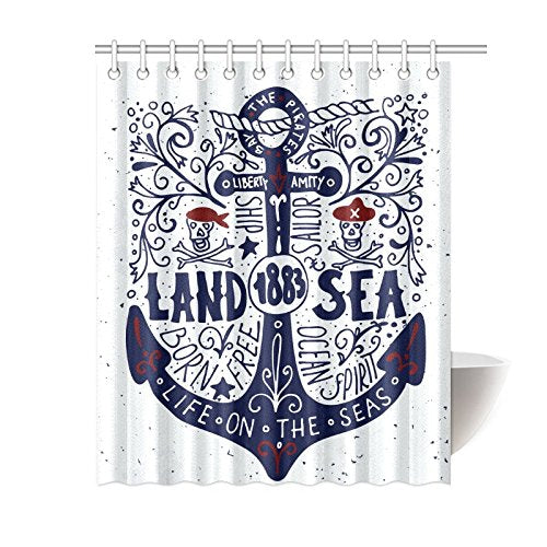 Land and Sea Home Bath Decor, Nautical Anchor Letters Polyester Fabric Shower Curtain Bathroom Sets