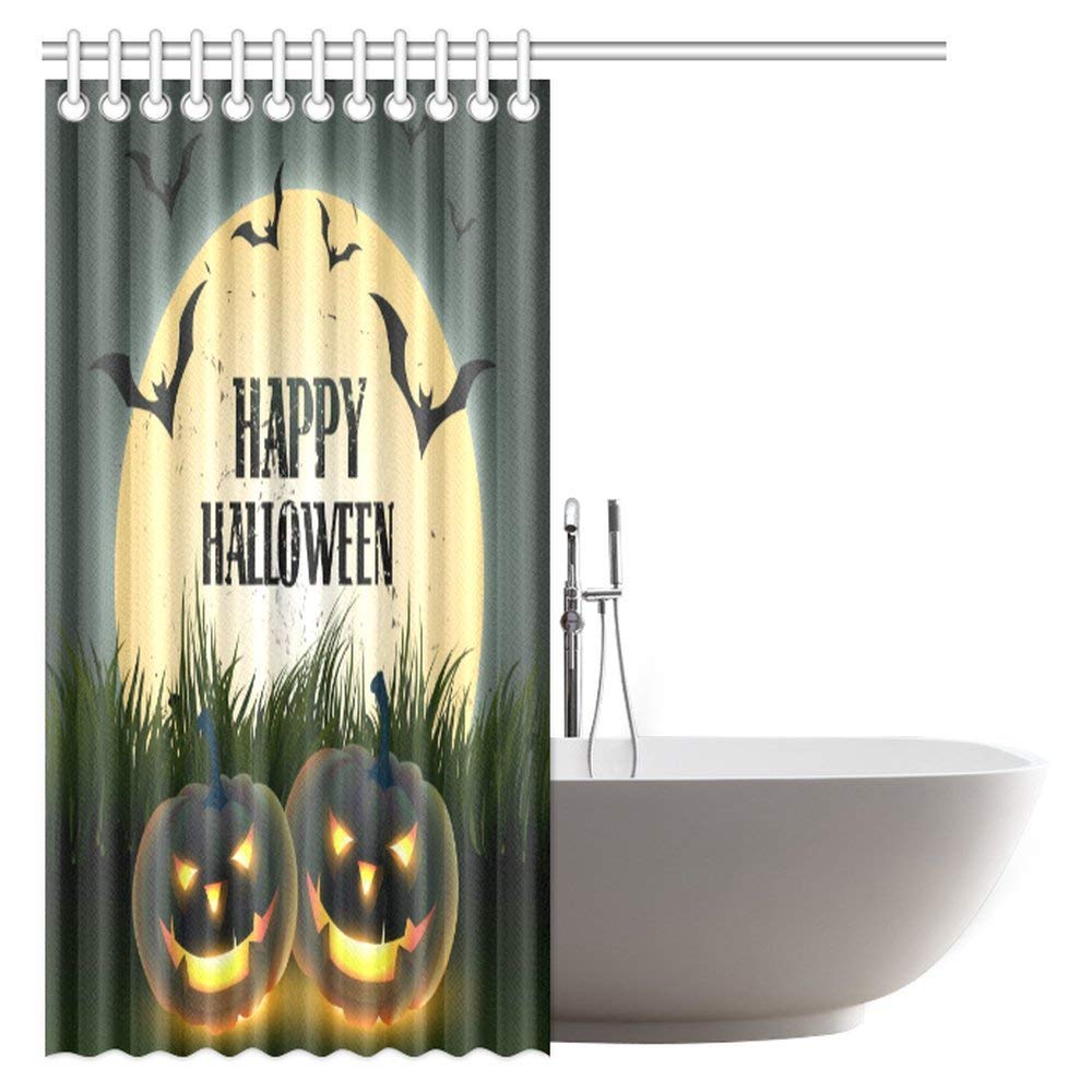 Halloween Shower Curtain, Halloween Themed Asymmetric Caste with Scary Bats and Ghosts Full Moon Bathroom Shower Curtain Set with Hooks