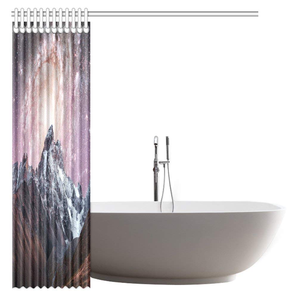 Snow-capped Peaks Shower Curtain, Fantastic Starry Sky Mountains Fabric Bathroom Shower Curtain