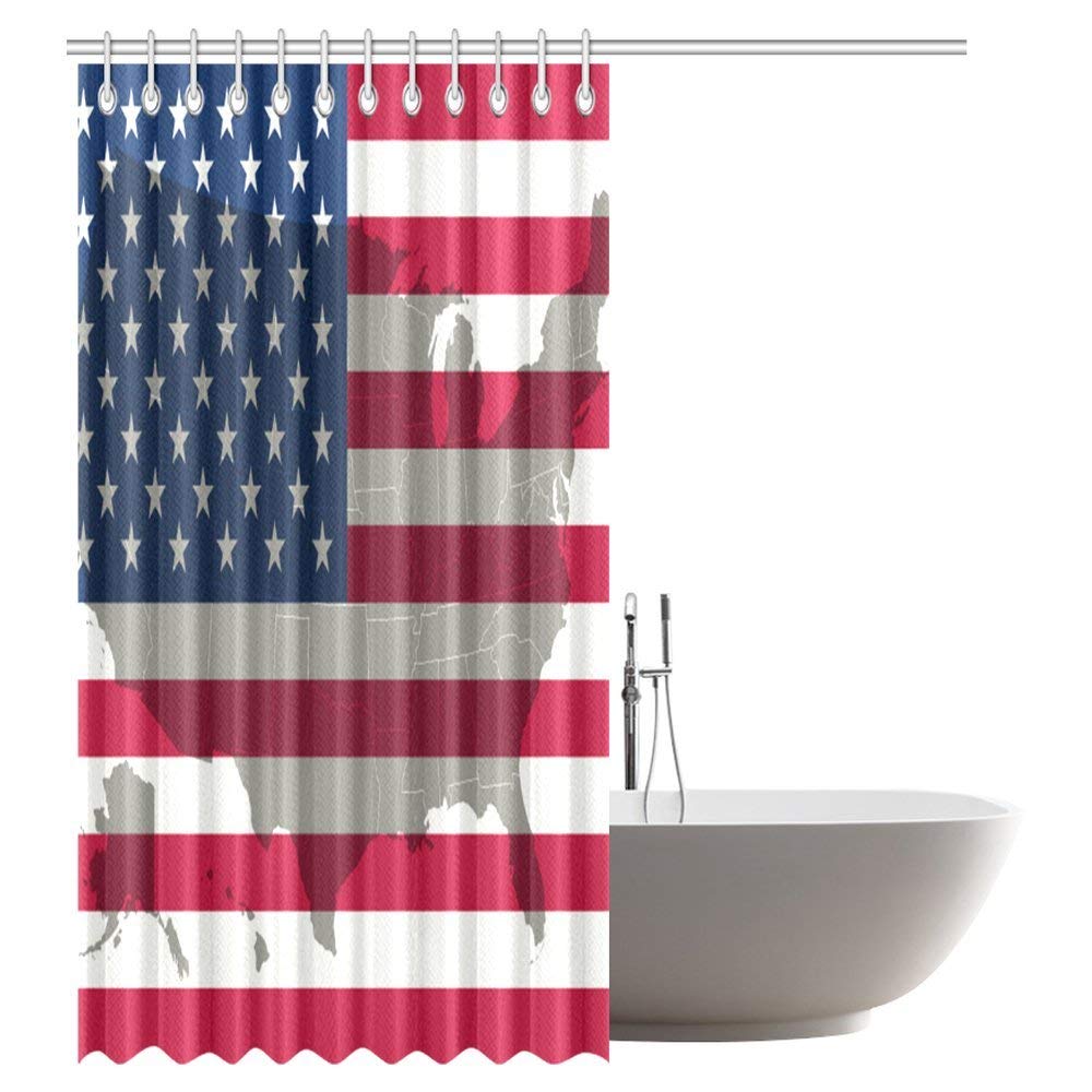 American USA Flag and Map Decor, USA Flag Patriotism Painted Looking Background Design, Polyester Fabric Bathroom Shower Curtain Set with Hooks, Blue Red, 69 X 84 Inches 