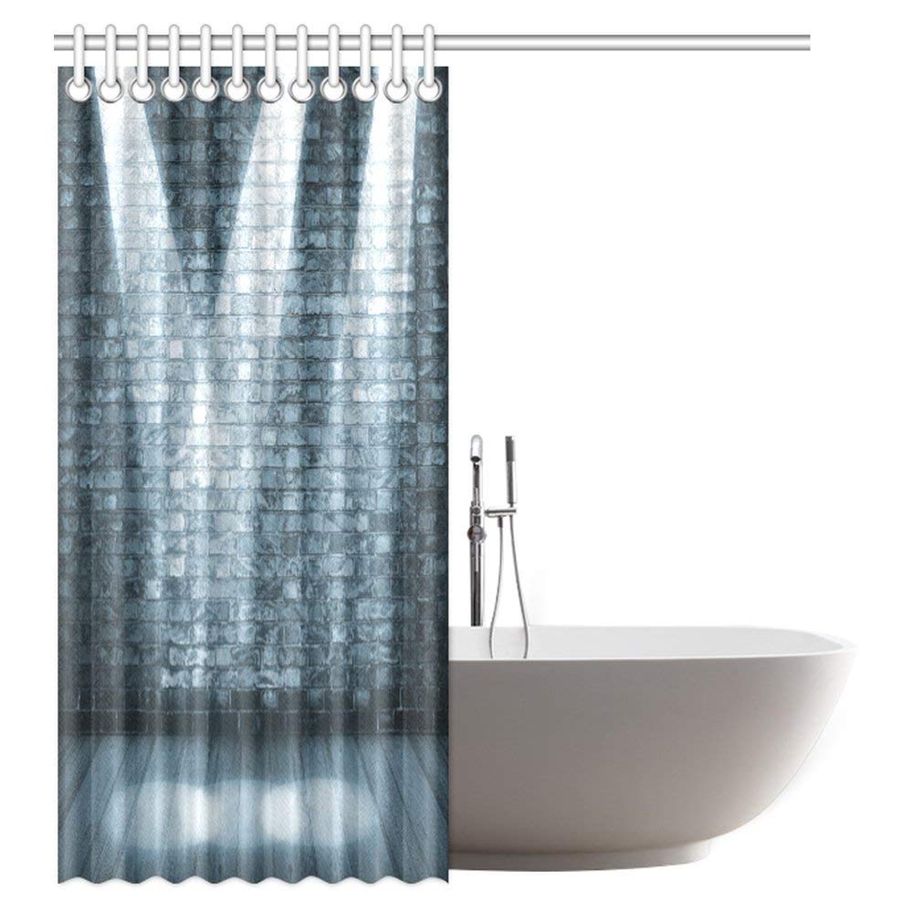 Grunge Decor Shower Curtain, Brick Wall in a Room with Interior Luminous Shine Spot Light Projection Fabric Bathroom Shower Curtain Set with Hooks