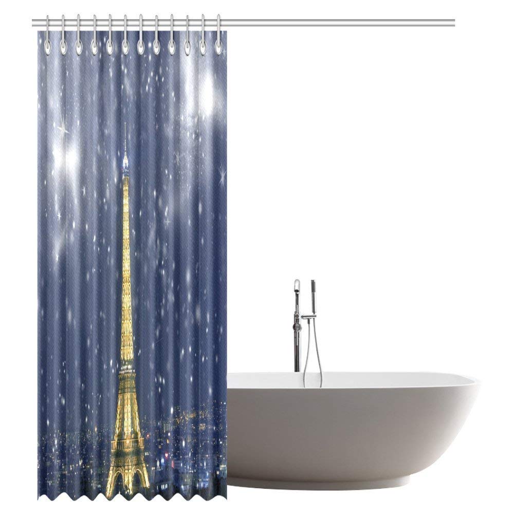 Celebration of Christmas in Paris Shower Curtain, Eiffel Tower With Snowflakes Bathroom Shower Curtain Set with Hooks