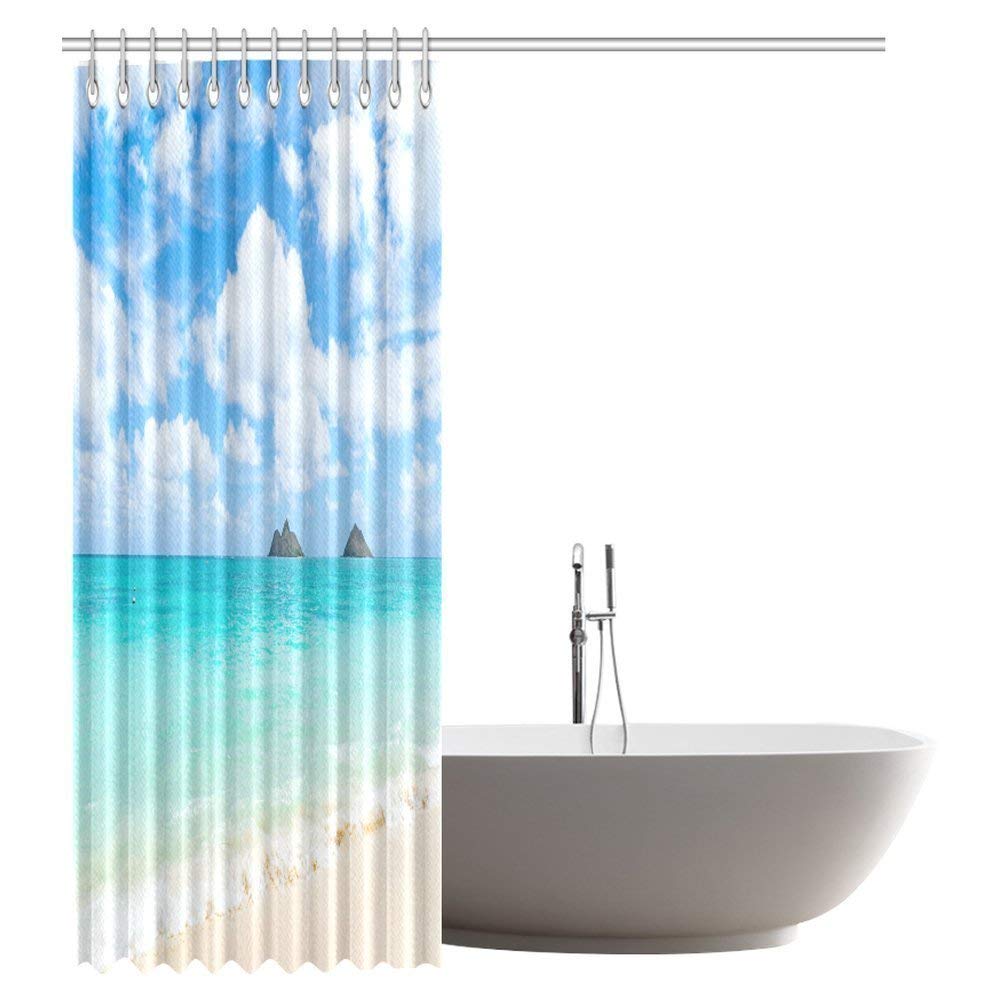 Tropical Coastal Contemporary Modern Decor Shower Curtain, Seascapes Ocean Beach Landscape Fabric Bathroom Shower Curtain Set with Hooks