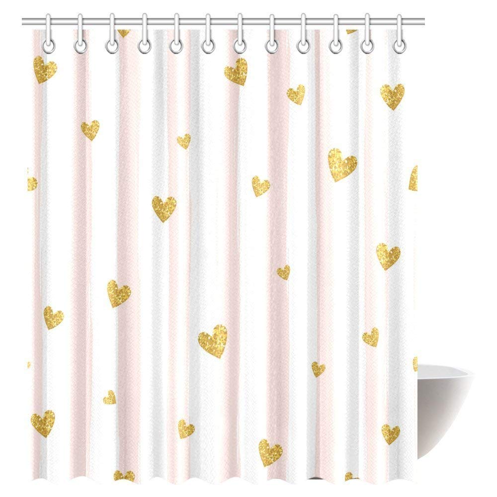 Pink White Striped Decorations Shower Curtain, Gold Glittering Heart Confetti Pattern Bathroom Decor Shower Curtain Set with Hooks