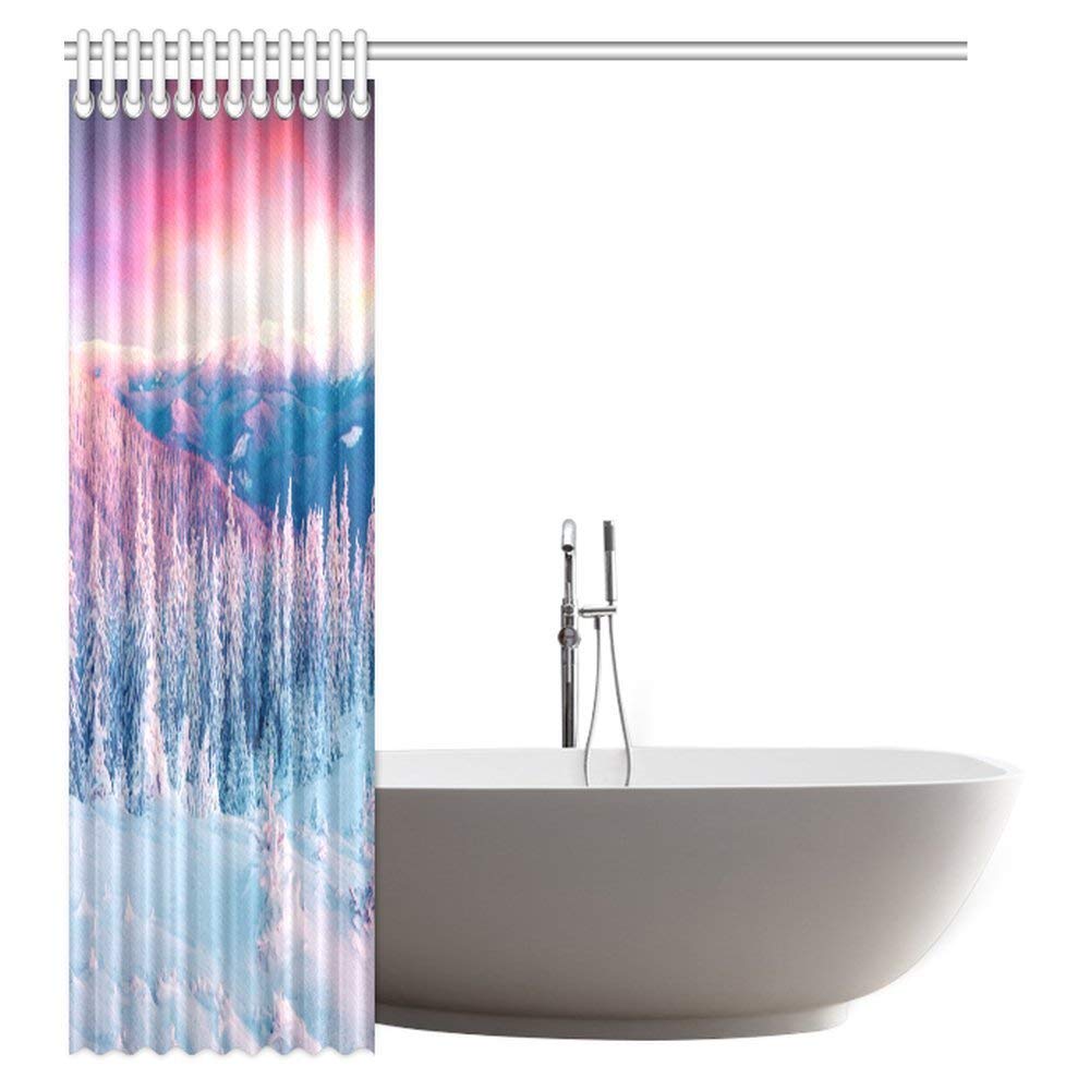 Colorful Winter Snowy Mountain Shower Curtain, First Light of Sunrise Glowing Fir Trees and Snow in Frosty Morning Bathroom Shower Curtain with Hooks